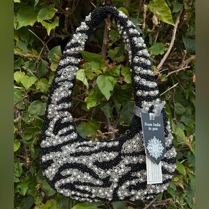 NWT Viral Zebra Black White Silver Pearl Embellished Beaded Bag Made in India